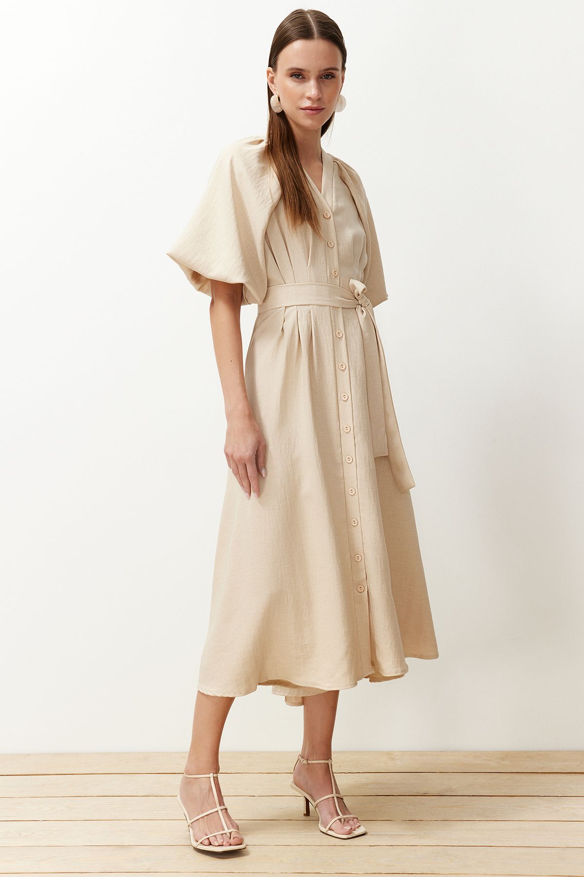 Trendyol Modest-Φόρεμα υφασμένο πουκάμισο με πέτρινο μισό μπαλόνι μανίκι TCTSS24EB00014 2