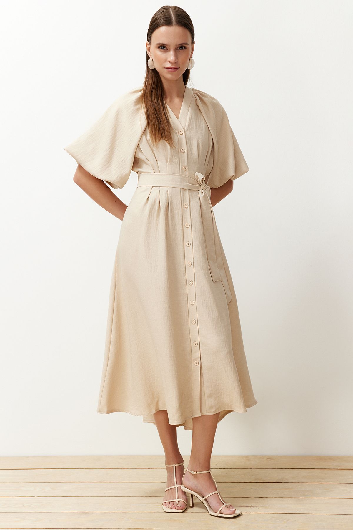 Trendyol Modest-Φόρεμα υφασμένο πουκάμισο με πέτρινο μισό μπαλόνι μανίκι TCTSS24EB00014 1