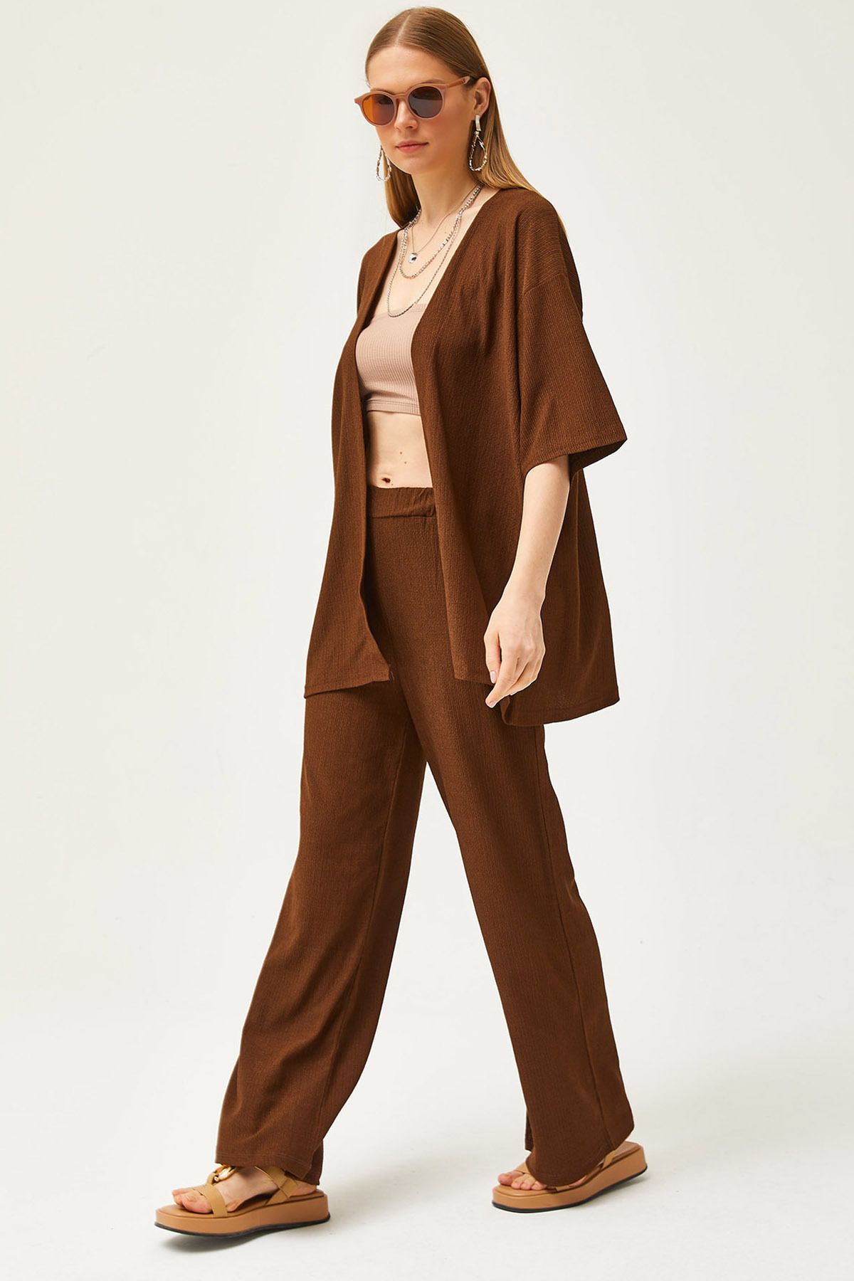 Olalook Zestaw Damskich Spodni Kimono W Kolorze Gorzkiego Brązu Kobieta - XL