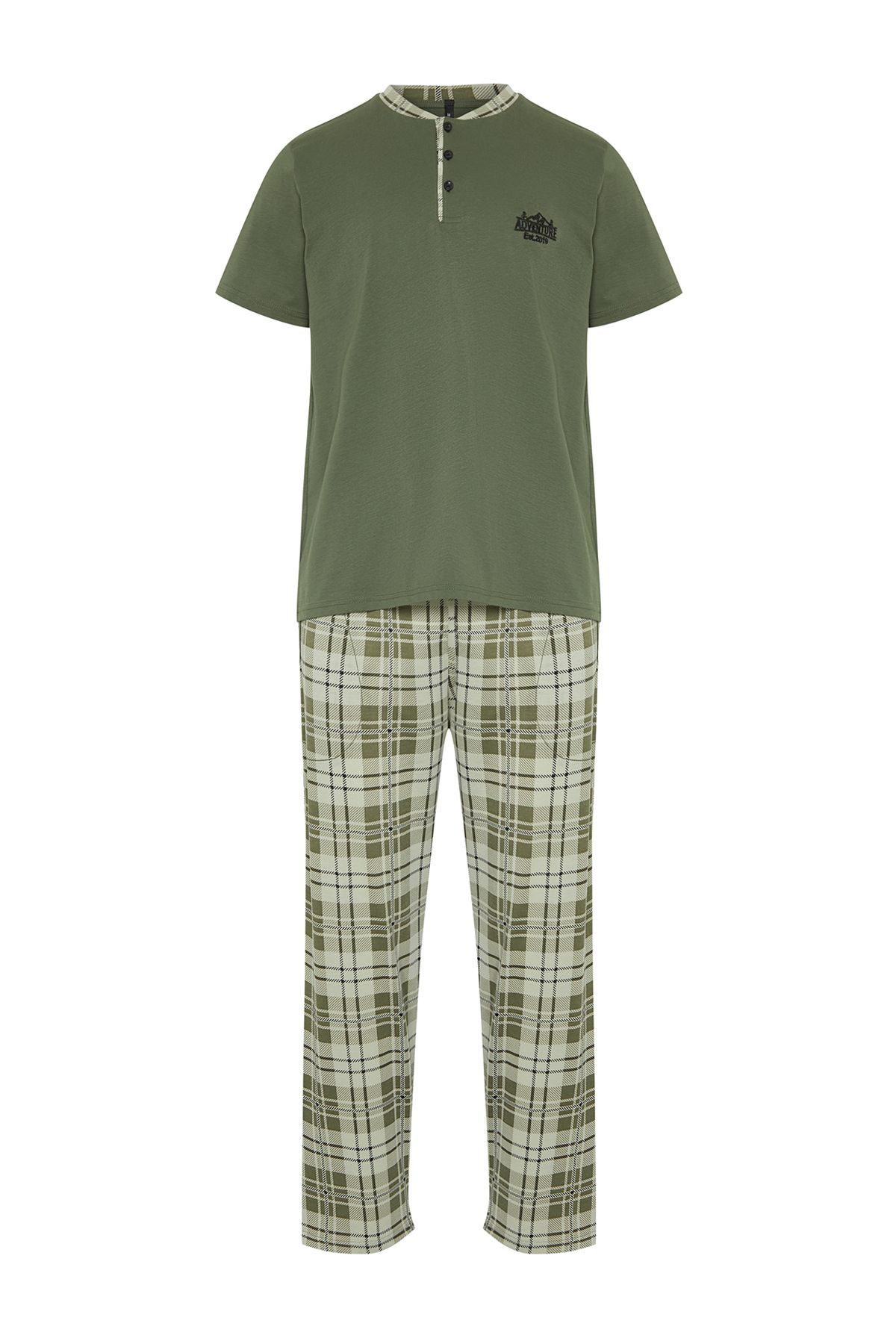Trendyol Collection-Set pijamale tricotate, cu model în carouri, kaki - TMNSS24PT00037 7