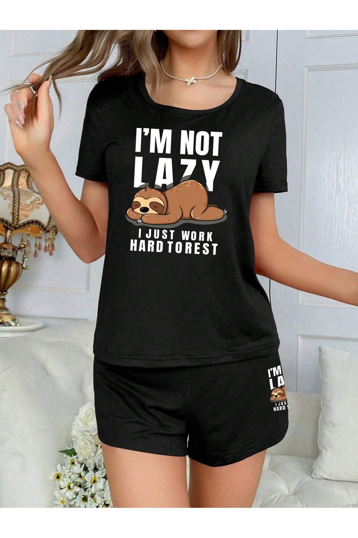 PALPİTO-Γυναικείο Μαύρο I Am Not Lazy εμπριμέ Oversize Σορτς 4