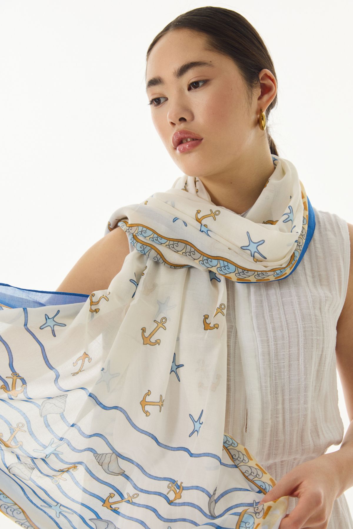 FENZA SCARF-TERRA OCEAN - ΒΑΜΒΑΚΙ ΣΧΕΔΙΟ ΚΡΕΜ-ΜΠΛΕ ΣΑΛΙ 3