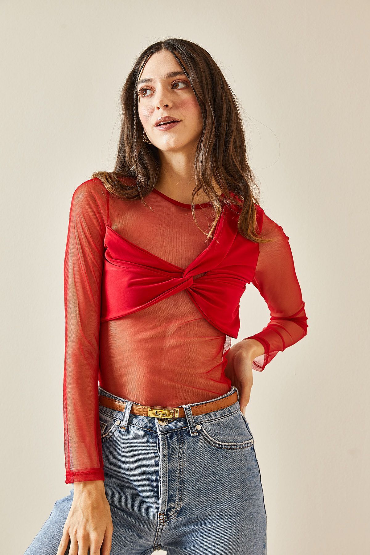 XHAN-Red Crew Neck Knotted Transparent Blouse 5YXK2-48368-04 5