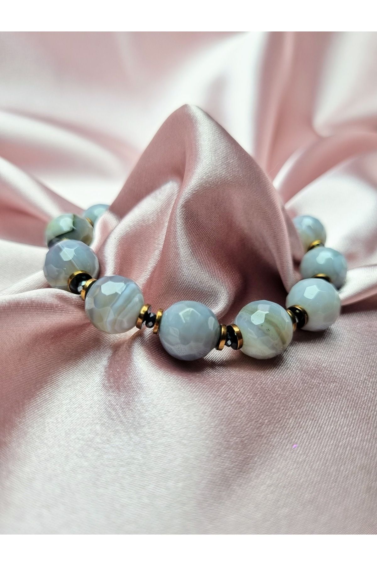 Yüksel Boncuk-12 mm Facet Cut Veined Agate Stone with Hematite Spacer Combination Natural Stone Bracelet 4
