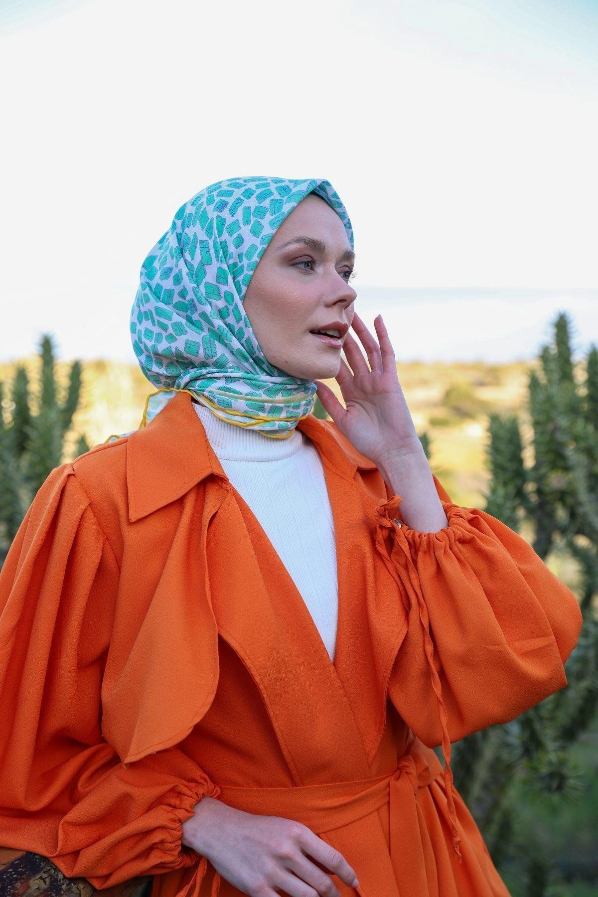 İpekhan-Noor Square Pattern Soft Scarf Water Green 1167-08 2