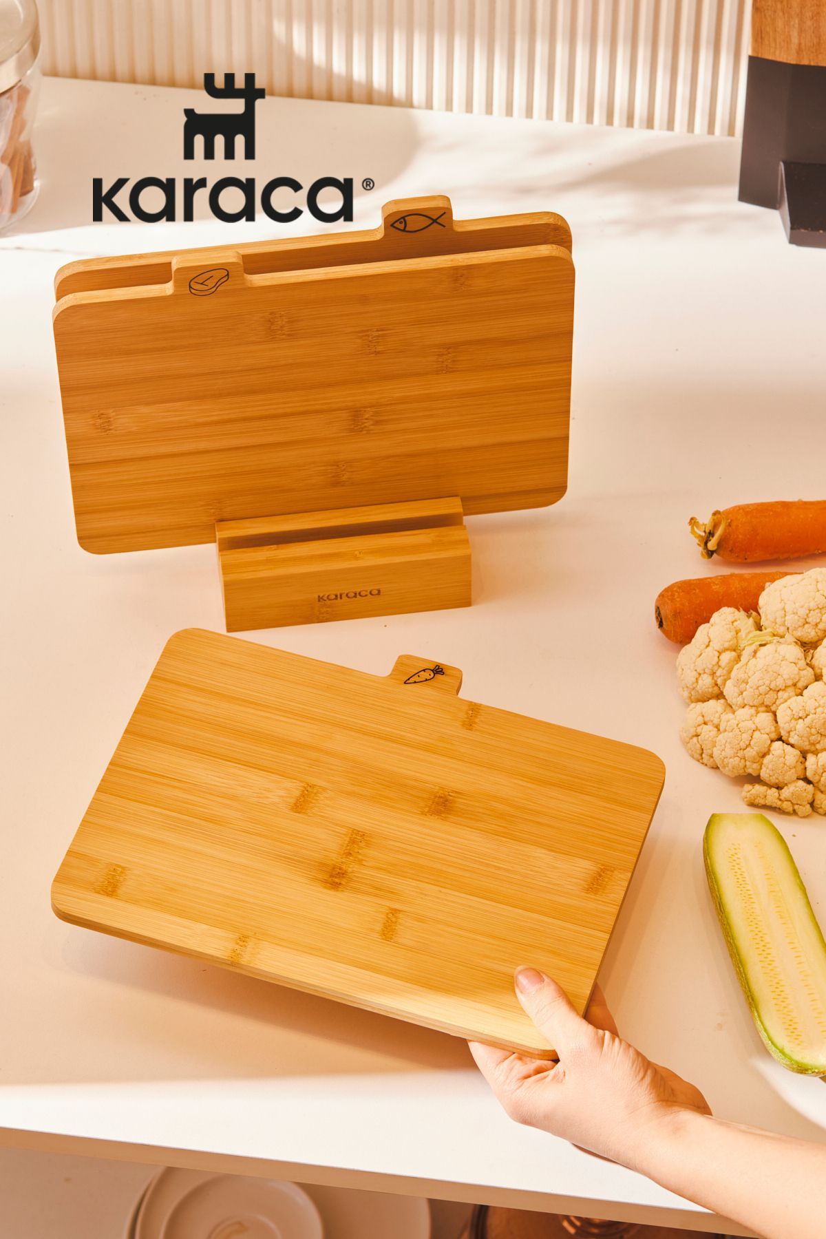 Karaca-Cutting Board 4 Pieces Footed Bamboo Wooden Meat Fish Vegetable Fruit Bread Cutting Board Set 28 Cm 3