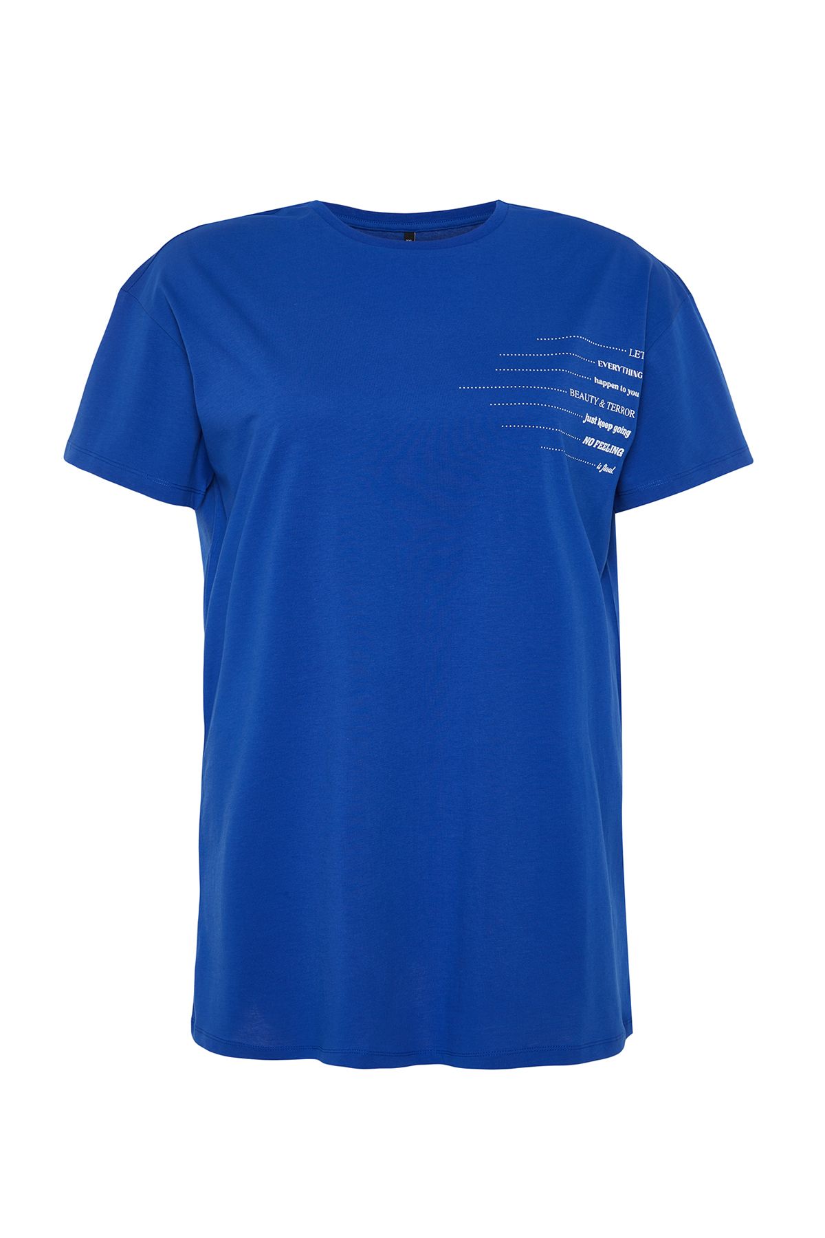 Trendyol Curve Plus Size Blue T Shirt Dress 100 Cotton Crew Neck Slogan Print Tbbss23Ah00162 Trendyol