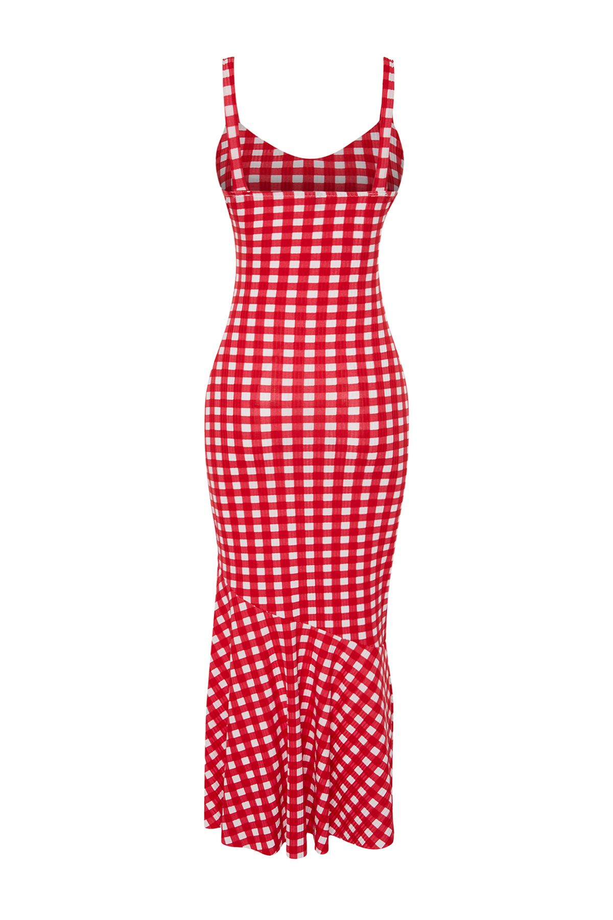 Trendyol Collection-Rochie roșie în carouri, cu bretele, cu nervuri, tricotată flexibilă, maxi-creion TWOSS24EL00682 8