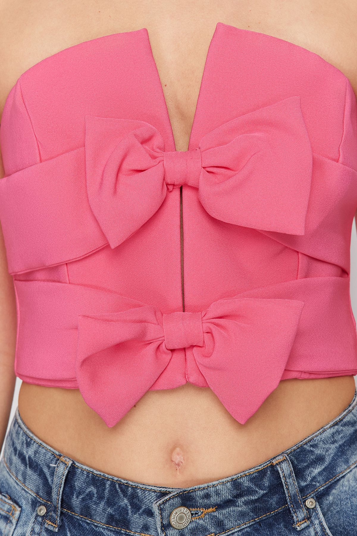 Trendyol Collection-Woven Pink Crop Bustier - Bow Detail, TPRSS24BS00035 4