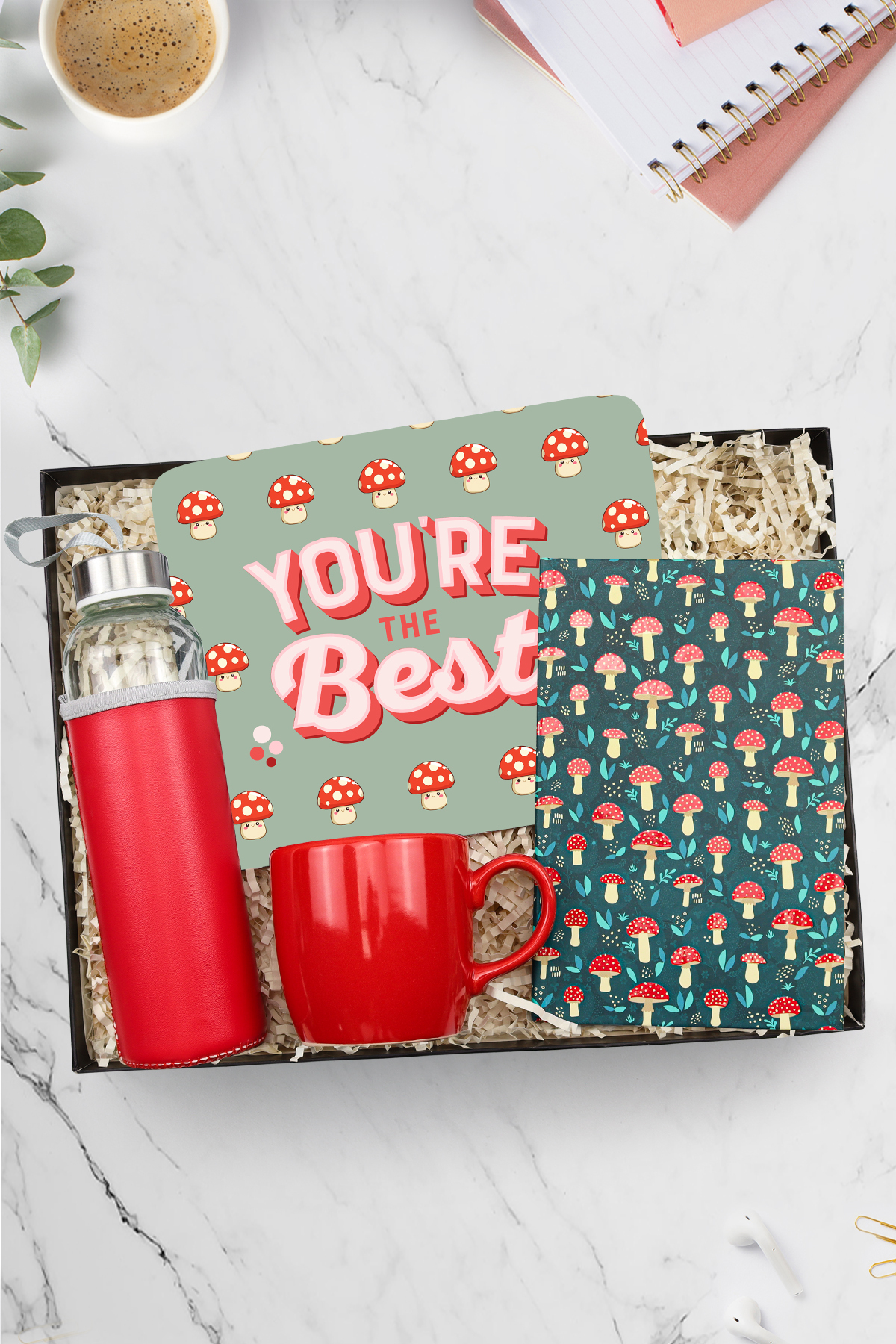 Trendmiya Mantar Mouse Pad & Mantar Defter & 500Ml Kırmızı Su Matarası & Kırmızı Kupa Hediye Seti