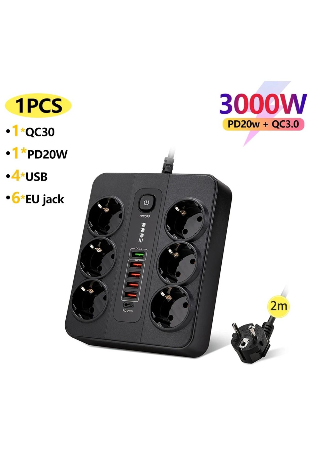 Yellowtech-6-Piece Group Socket with Current Protection, 5-Piece Usb Charger, 1 Type-c Charging Input, 2 M Cable, 3000w (BLACK) 5
