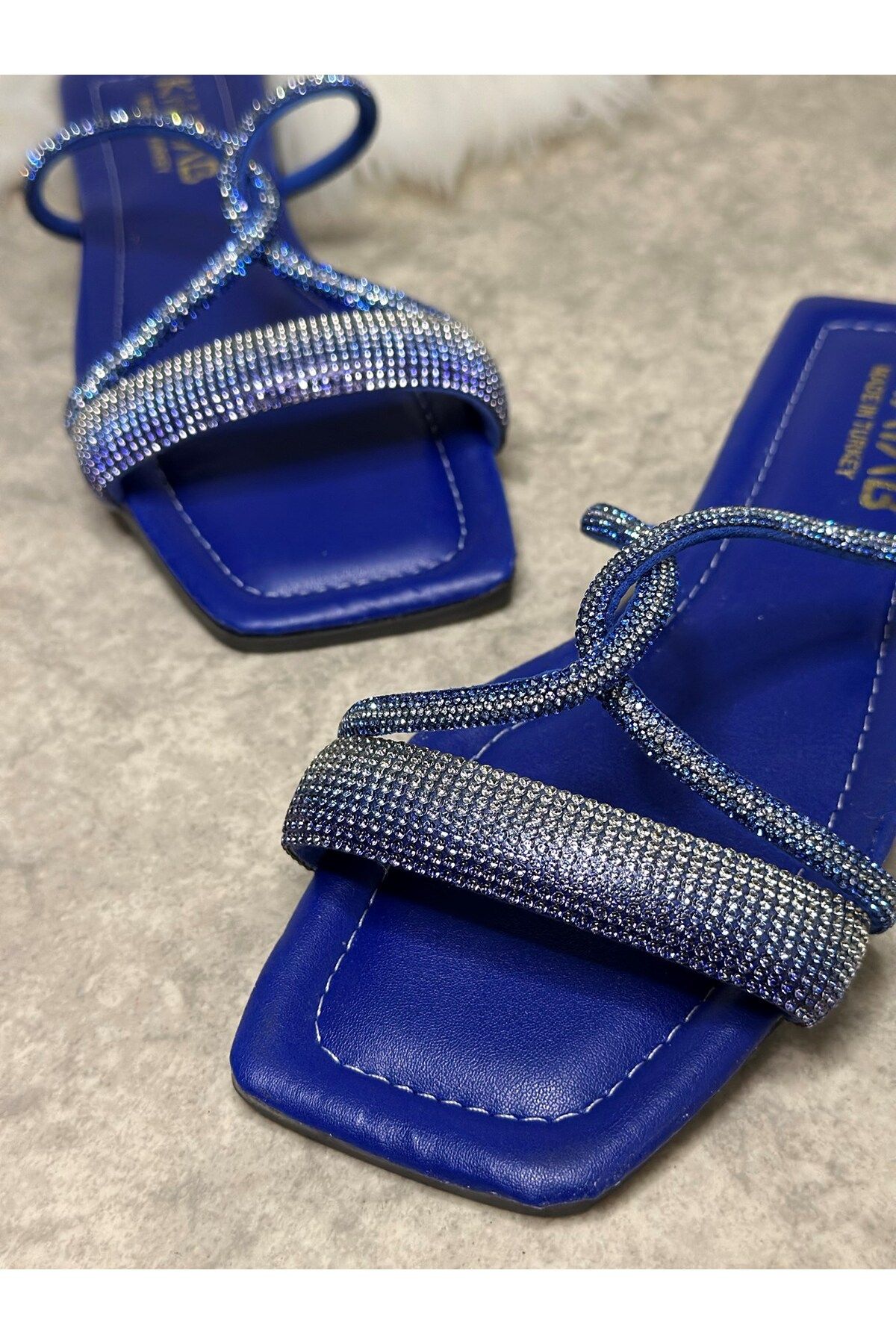 Allyup-Daily Women's Blue Slippers Cross Stoned Single Band Blunt Toe Low Heel Sole Summer 19 3