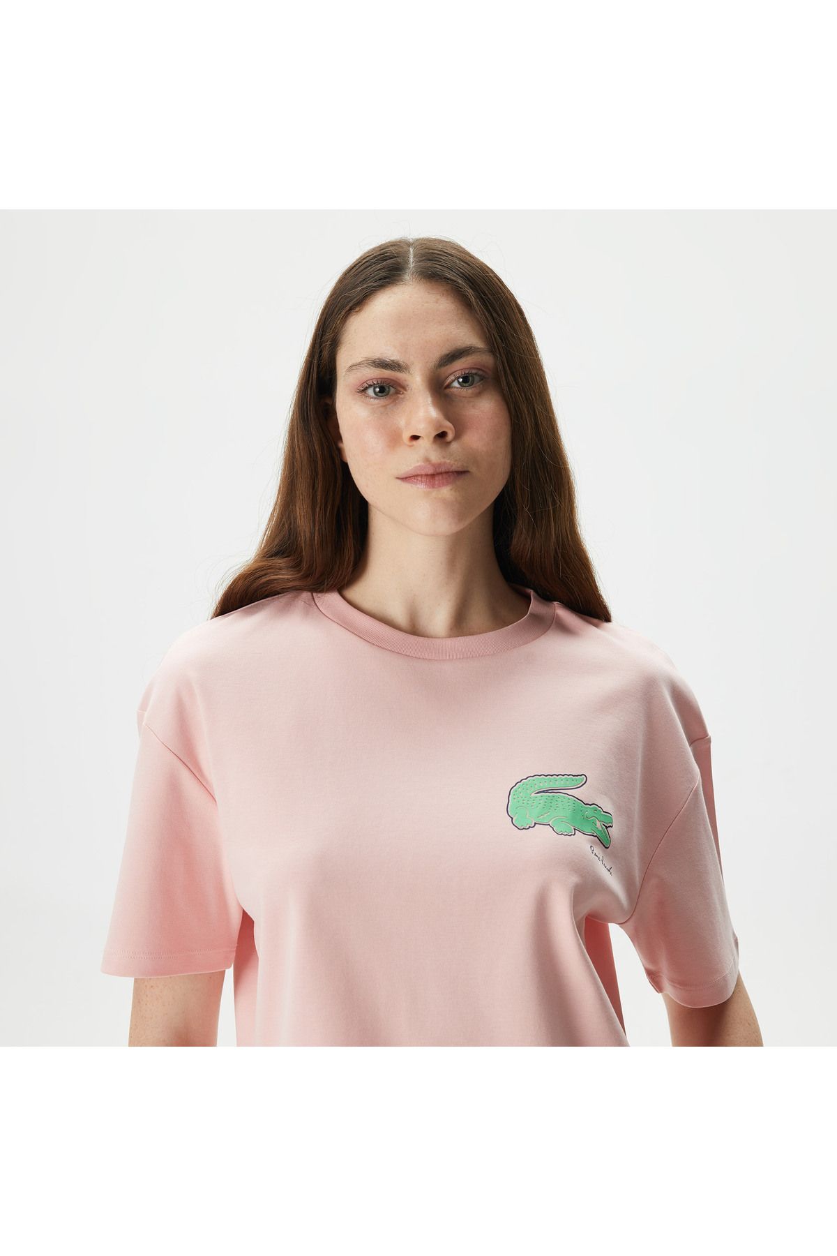 Lacoste یقه دوچرخه تناسب زنان چاپ شده تی شرت صورتی پنبه ارگانیک