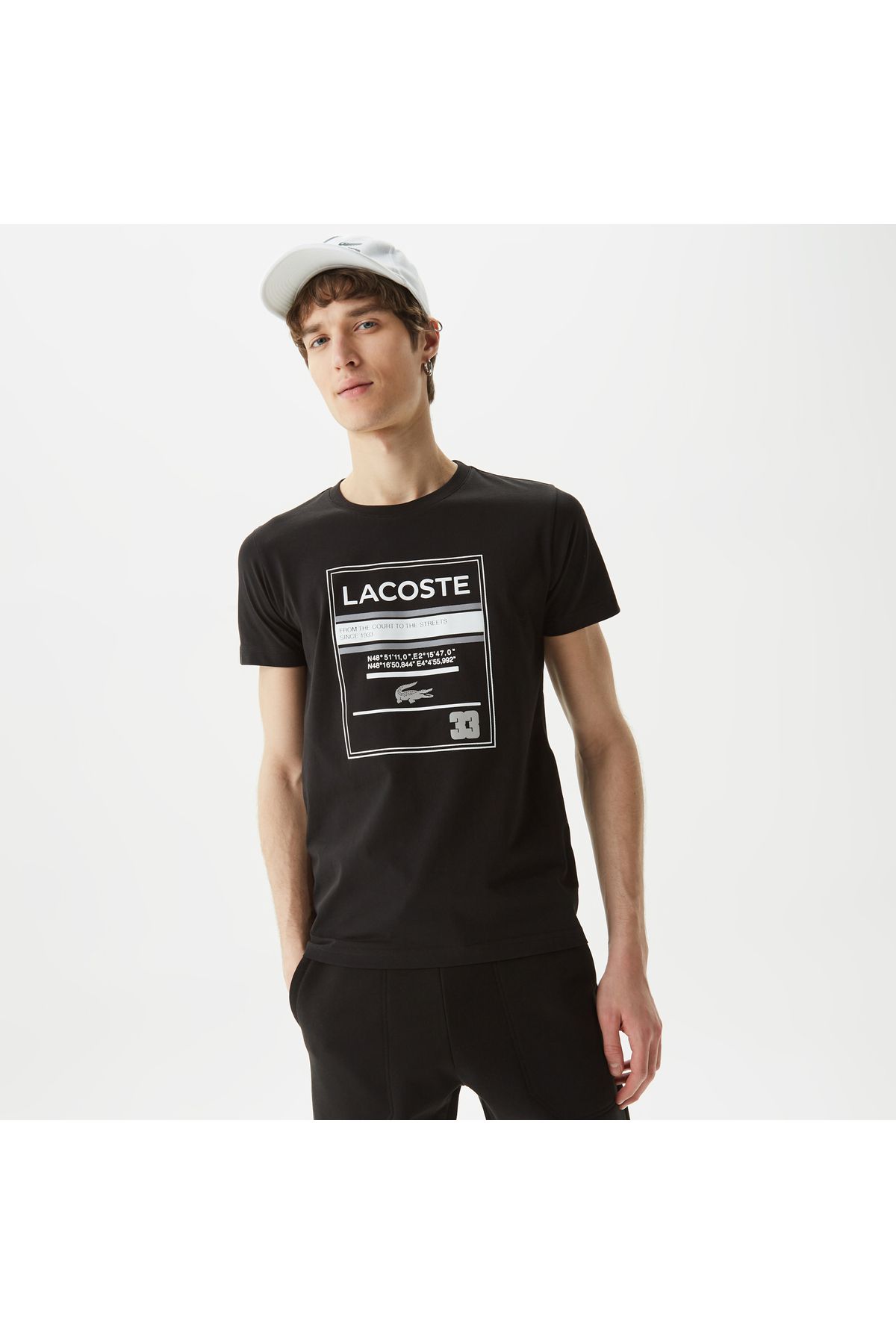 Lacoste یقه دوچرخه مناسب مردانه تی شرت سیاه چاپ شده