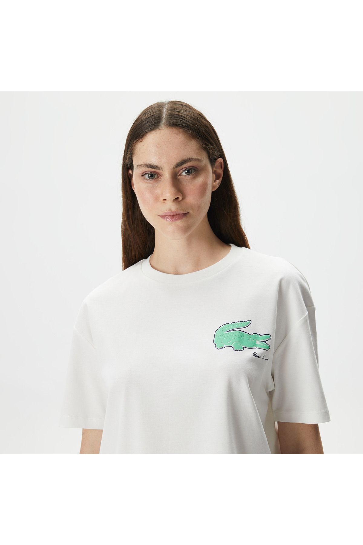 Lacoste یقه دوچرخه تناسب زنانه چاپ شده تی شرت سفید پنبه ارگانیک