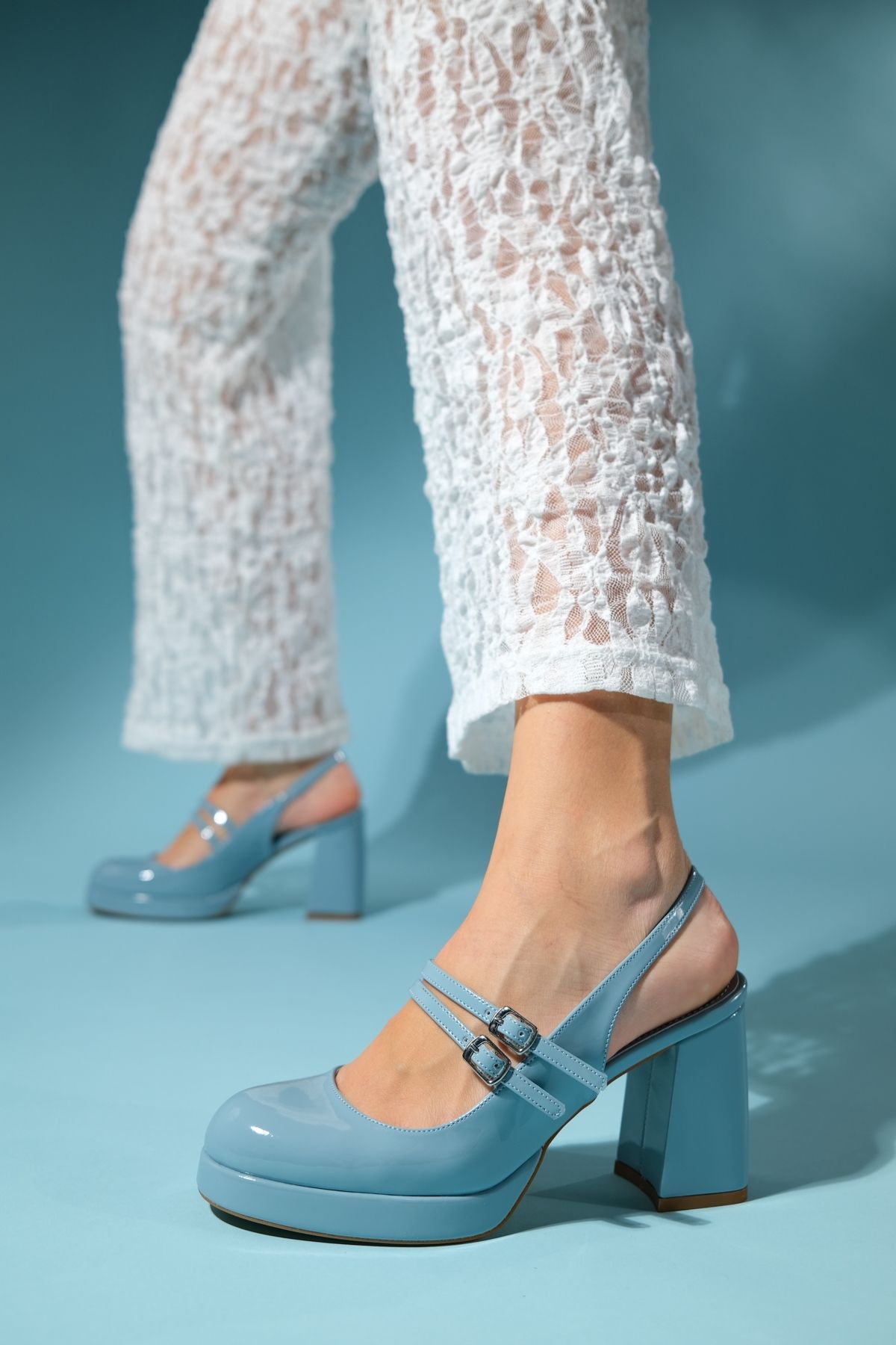 کفش پاشنه کلاسیک آبی زنانه Puis Blue Patent چرمی پا luvishoes