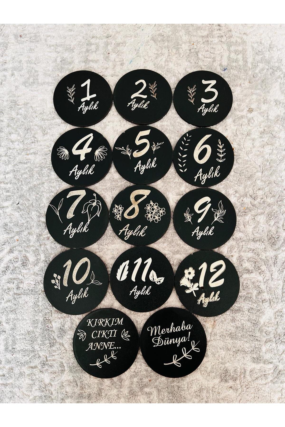 10kdekor 12 Aylık Plak Seti Ahşap Ceviz Bebek Fotoğraf Kartları SİYAH fotoğrafı 2 (önizleme)