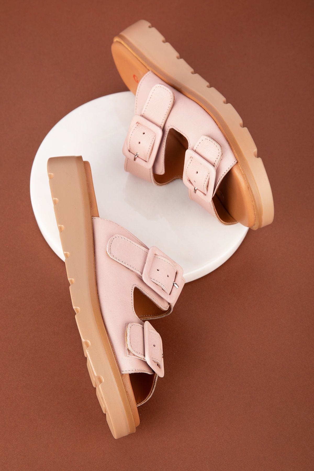 دمپایی صورتی زنانه چرمی اصلی چرم دوتایی Toplik Slipper Mlk.002 Gondol