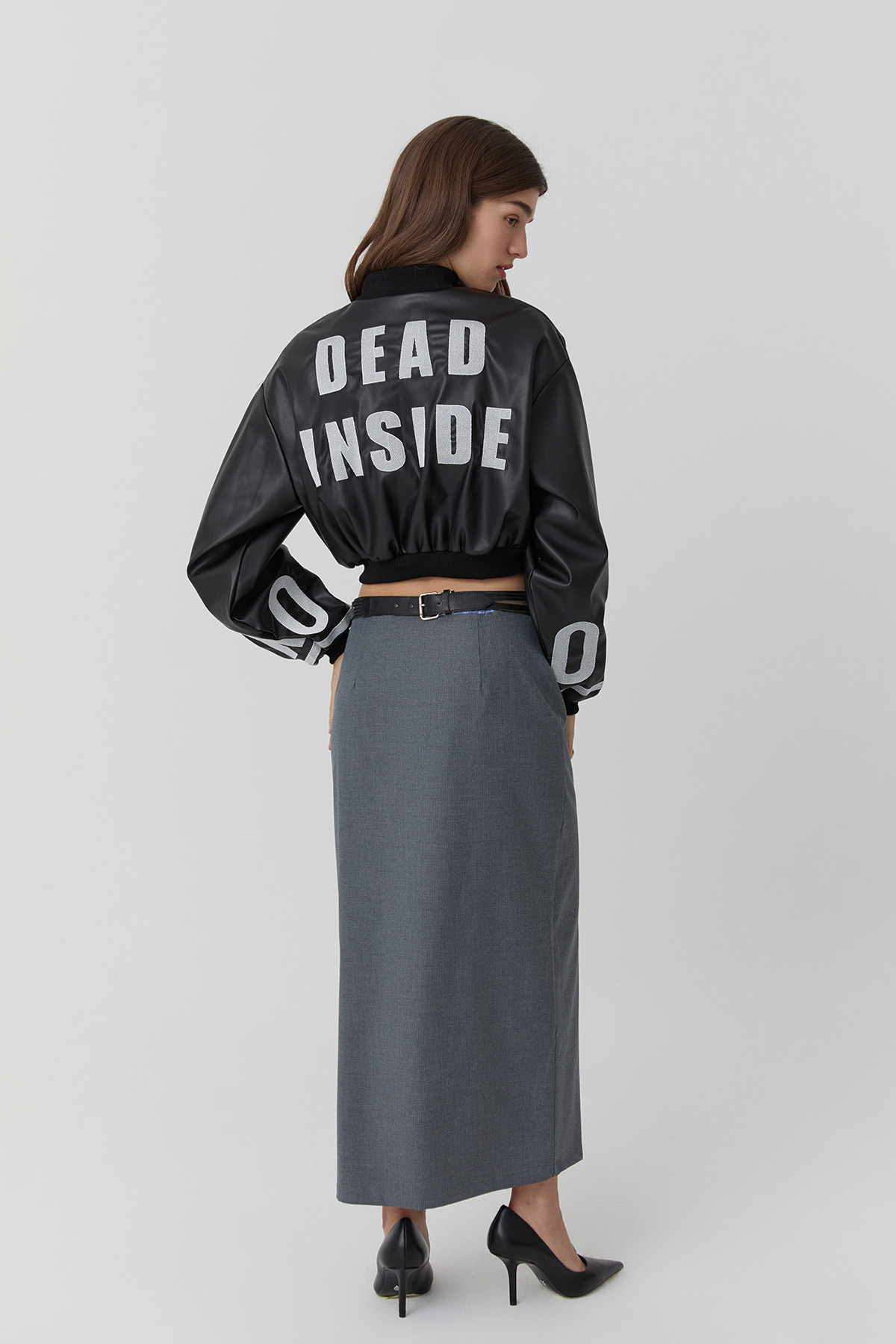 Quzu-Printed Sleeve Leather Bomber Jacket Black 4