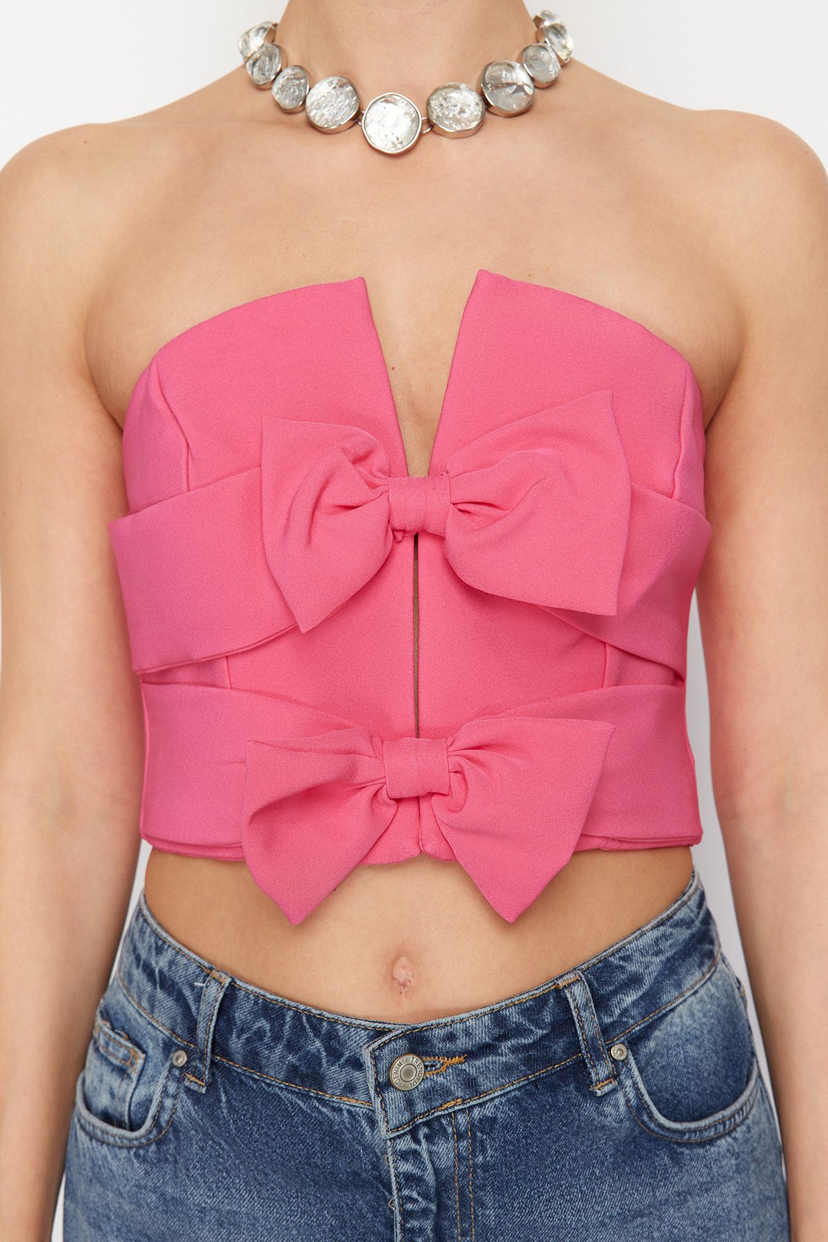 Trendyol Collection-Woven Pink Crop Bustier - Bow Detail, TPRSS24BS00035 5
