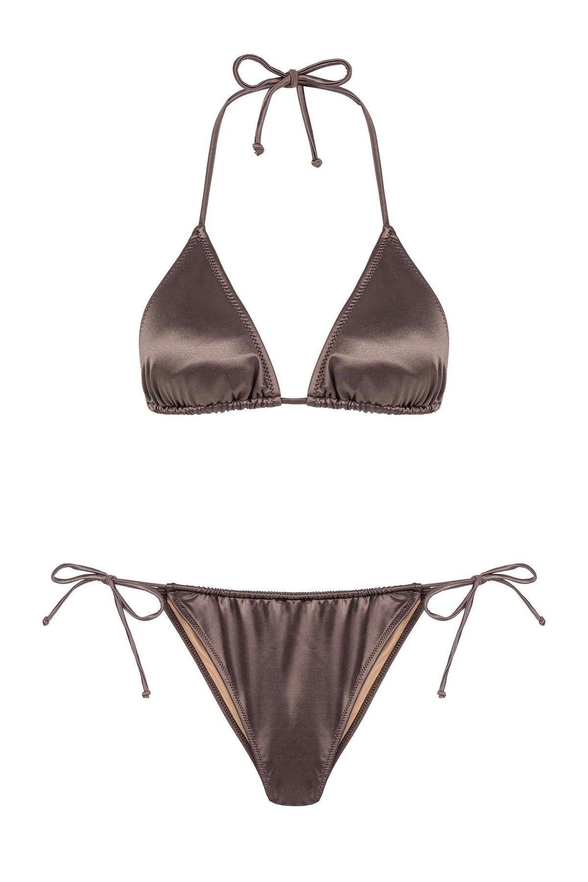 AQUELLA Saten Kahve Üçgen Bikini Takım