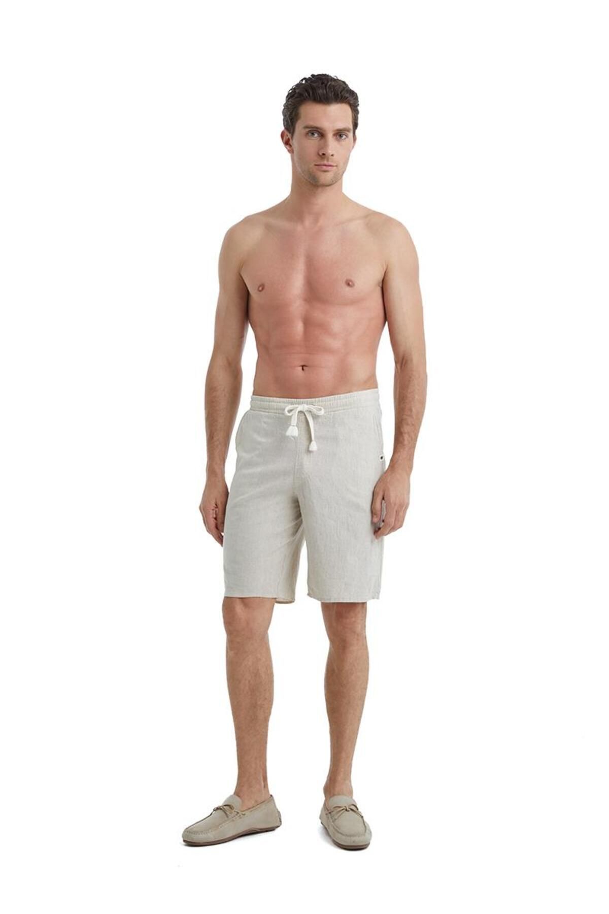 Blackspade-Men's Short Sleeve Front Buttoned Linen Cream Shorts Set C6T5N4O04- 3