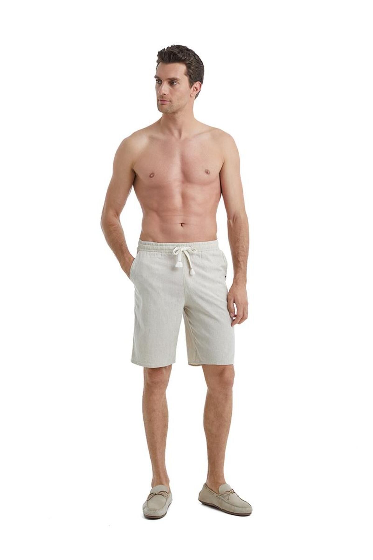 Blackspade-Men's Short Sleeve Front Buttoned Linen Cream Shorts Set C6T5N4O04- 2