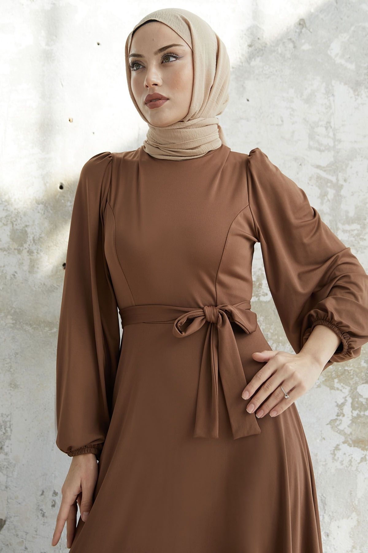InStyle-Belted Scuba Dress - Tan 4