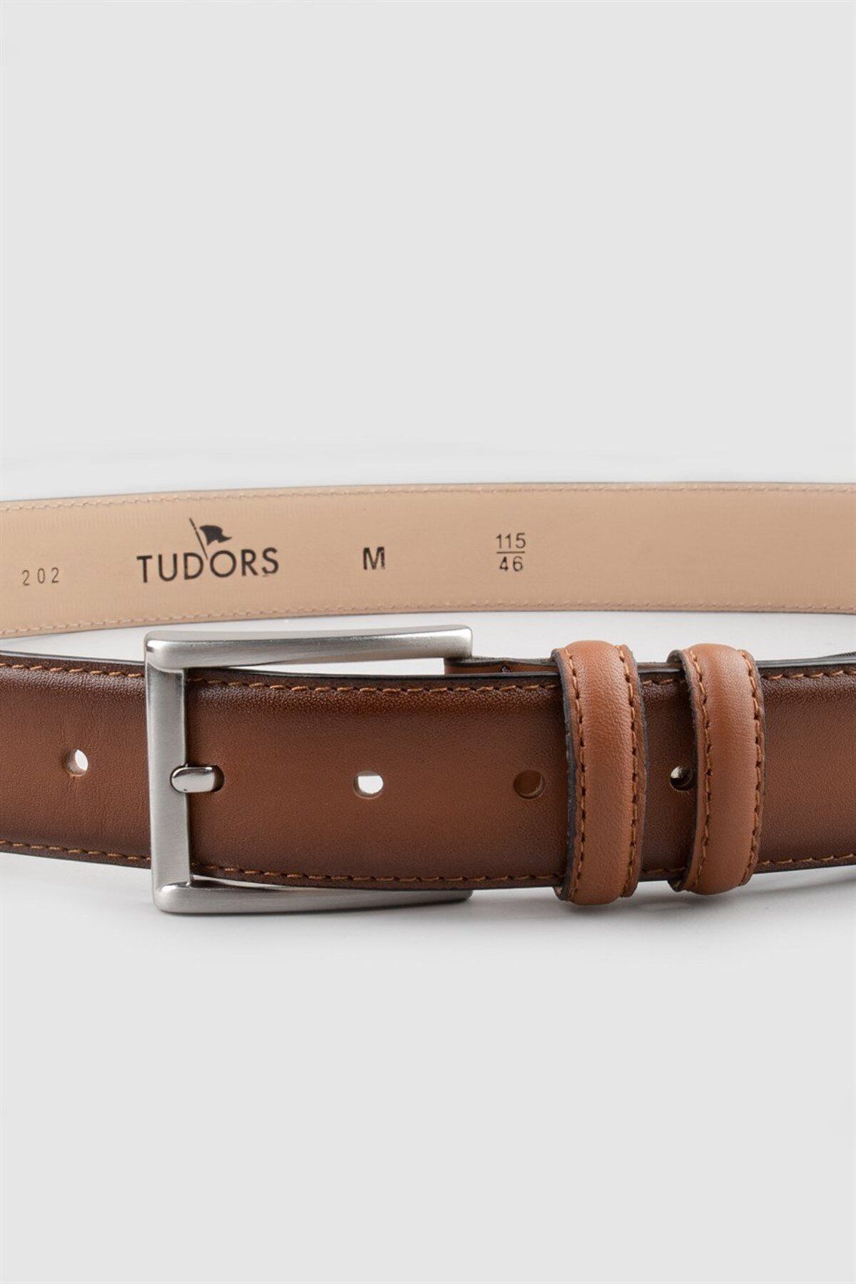 کمربند 100% چرم اصل 3.5 سانتی متری کلاسیک برنزه رنگ Tudors