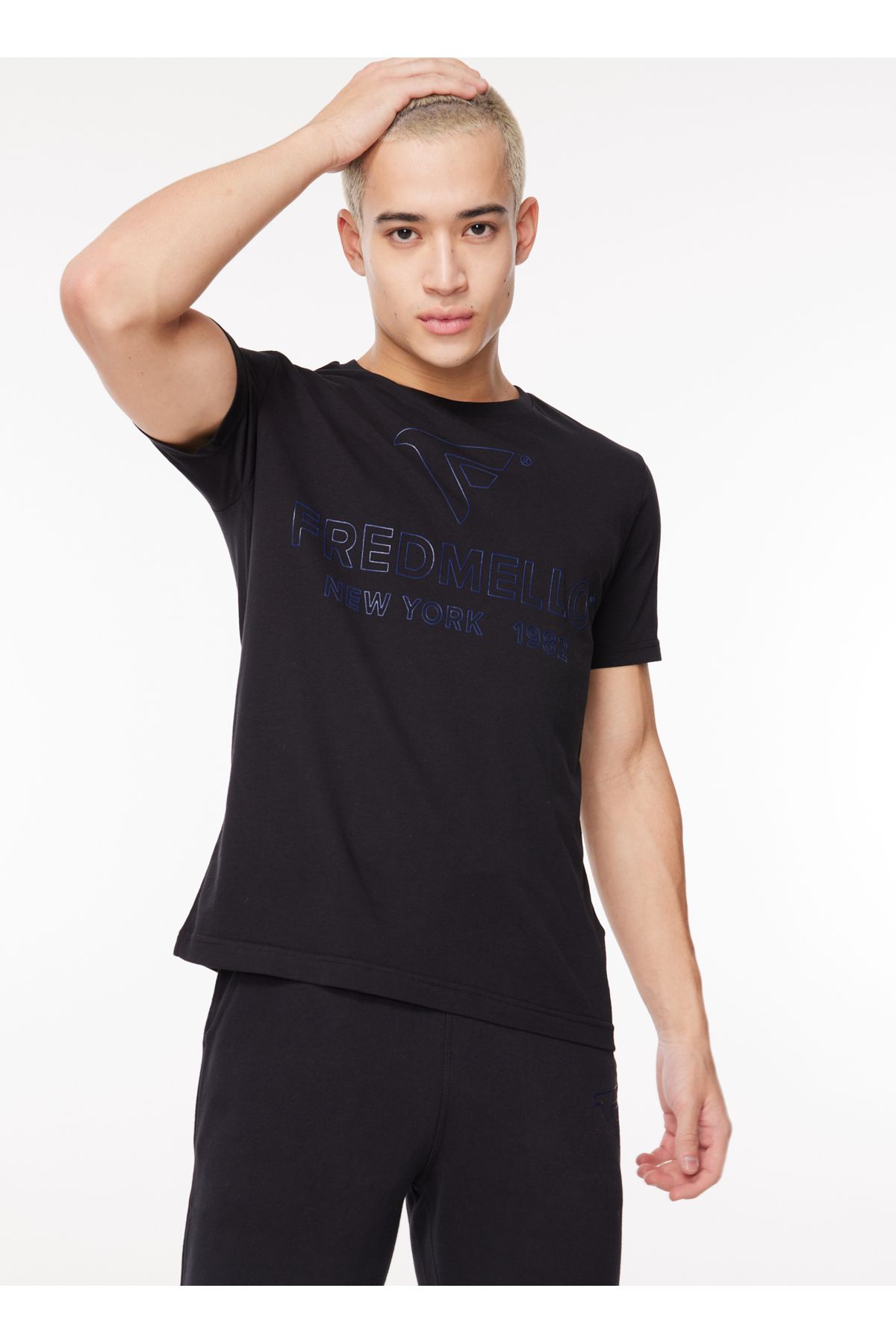 Fred Mello Bisiklet Yaka Siyah Erkek T Shirt FM23W02TG Erkek Giyim