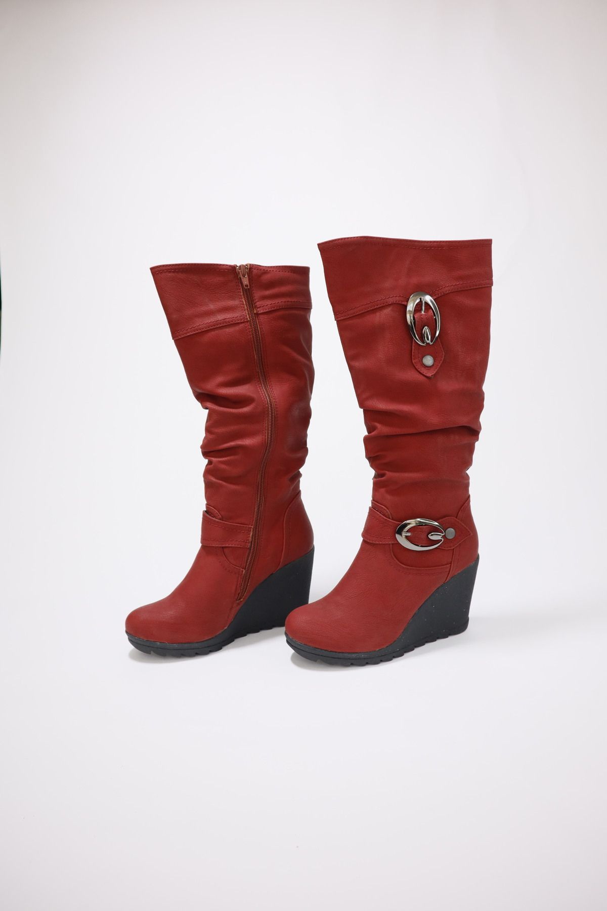Red knee high wedge boots store