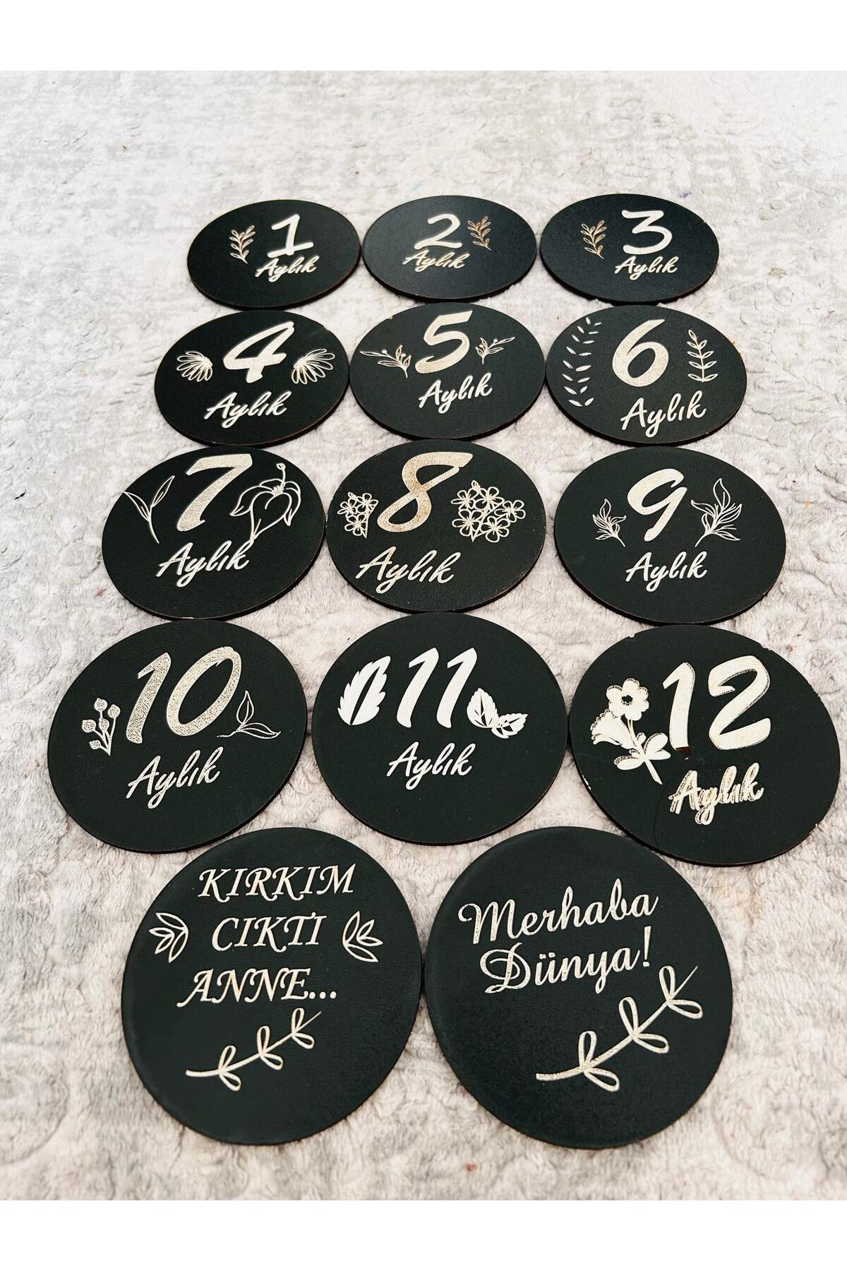 10kdekor 12 Aylık Plak Seti Ahşap Ceviz Bebek Fotoğraf Kartları SİYAH fotoğrafı 4 (önizleme)