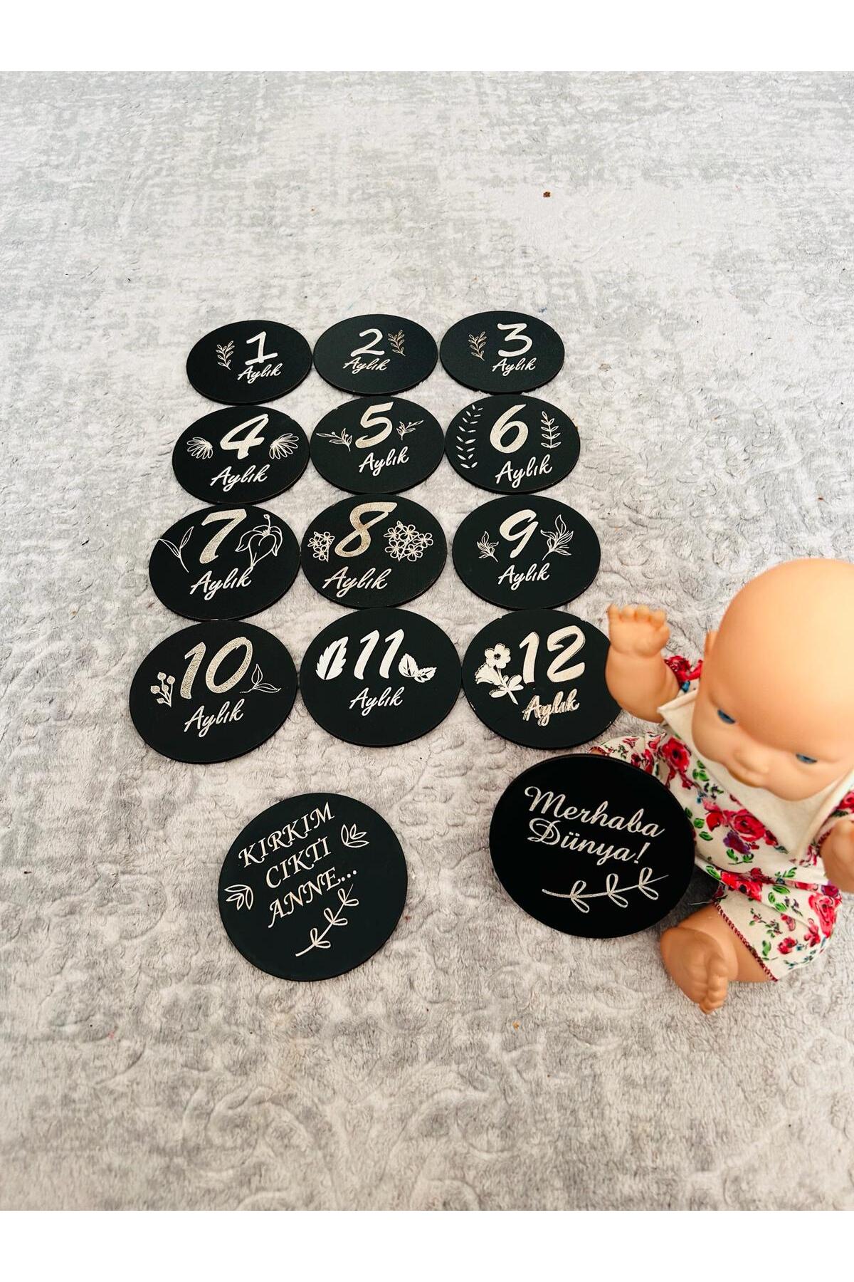 10kdekor 12 Aylık Plak Seti Ahşap Ceviz Bebek Fotoğraf Kartları SİYAH fotoğrafı 3 (önizleme)