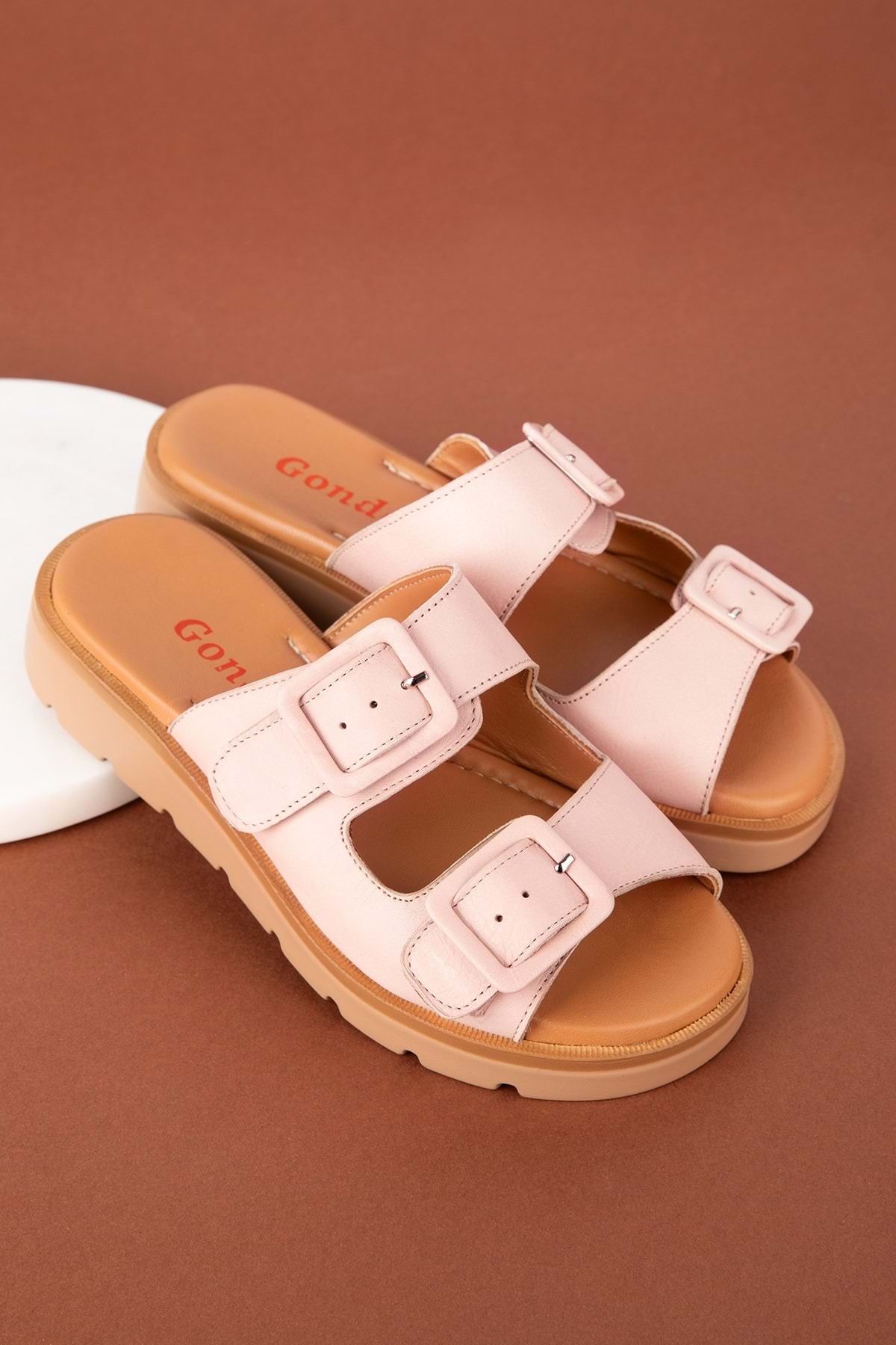 دمپایی صورتی زنانه چرمی اصلی چرم دوتایی Toplik Slipper Mlk.002 Gondol