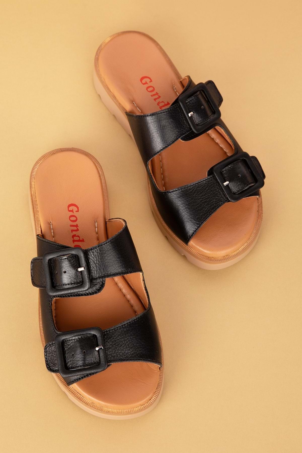 دمپایی سیاه زنانه چرمی اصلی چرم دوتایی Toplik Slipper Mlk.002 Gondol