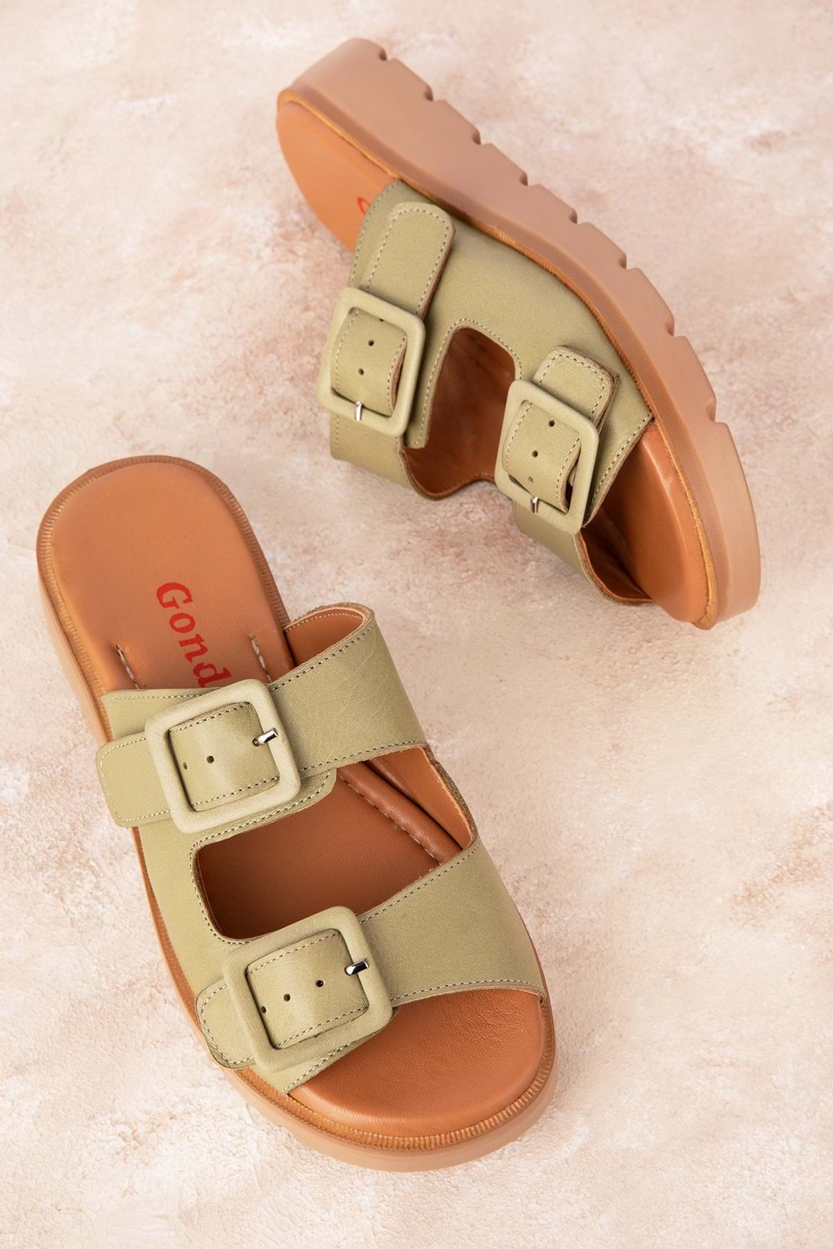 دمپایی سبز زنانه چرمی اصلی چرم دوتایی Toplik Slipper Mlk.002 Gondol