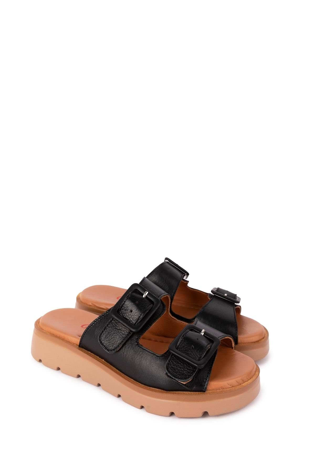 دمپایی سیاه زنانه چرمی اصلی چرم دوتایی Toplik Slipper Mlk.002 Gondol