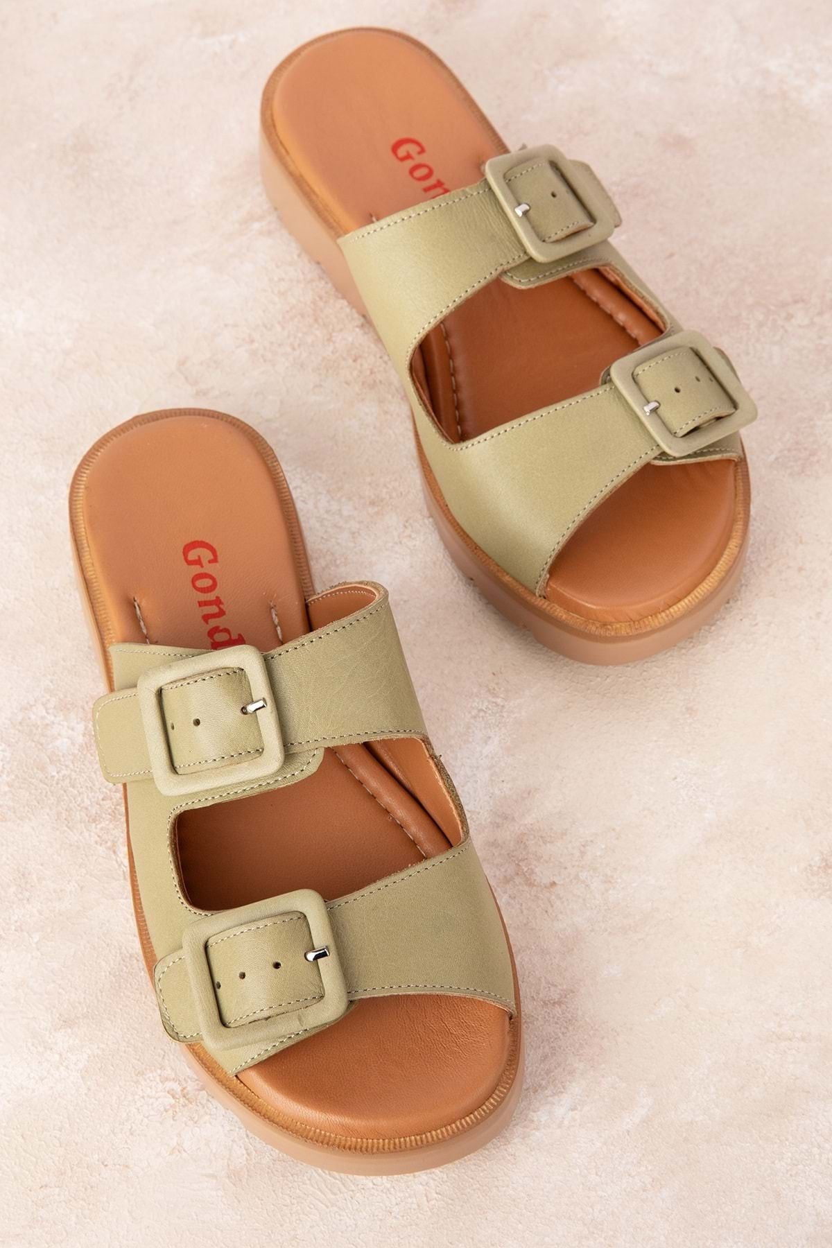 دمپایی سبز زنانه چرمی اصلی چرم دوتایی Toplik Slipper Mlk.002 Gondol