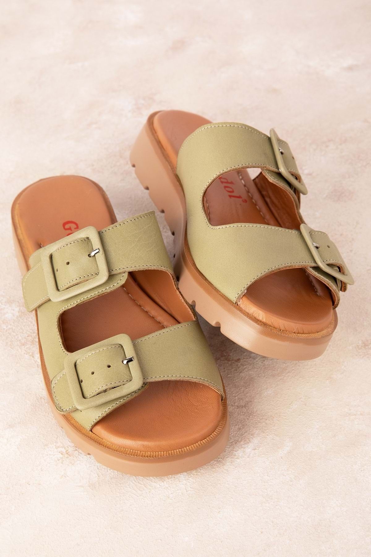 دمپایی سبز زنانه چرمی اصلی چرم دوتایی Toplik Slipper Mlk.002 Gondol