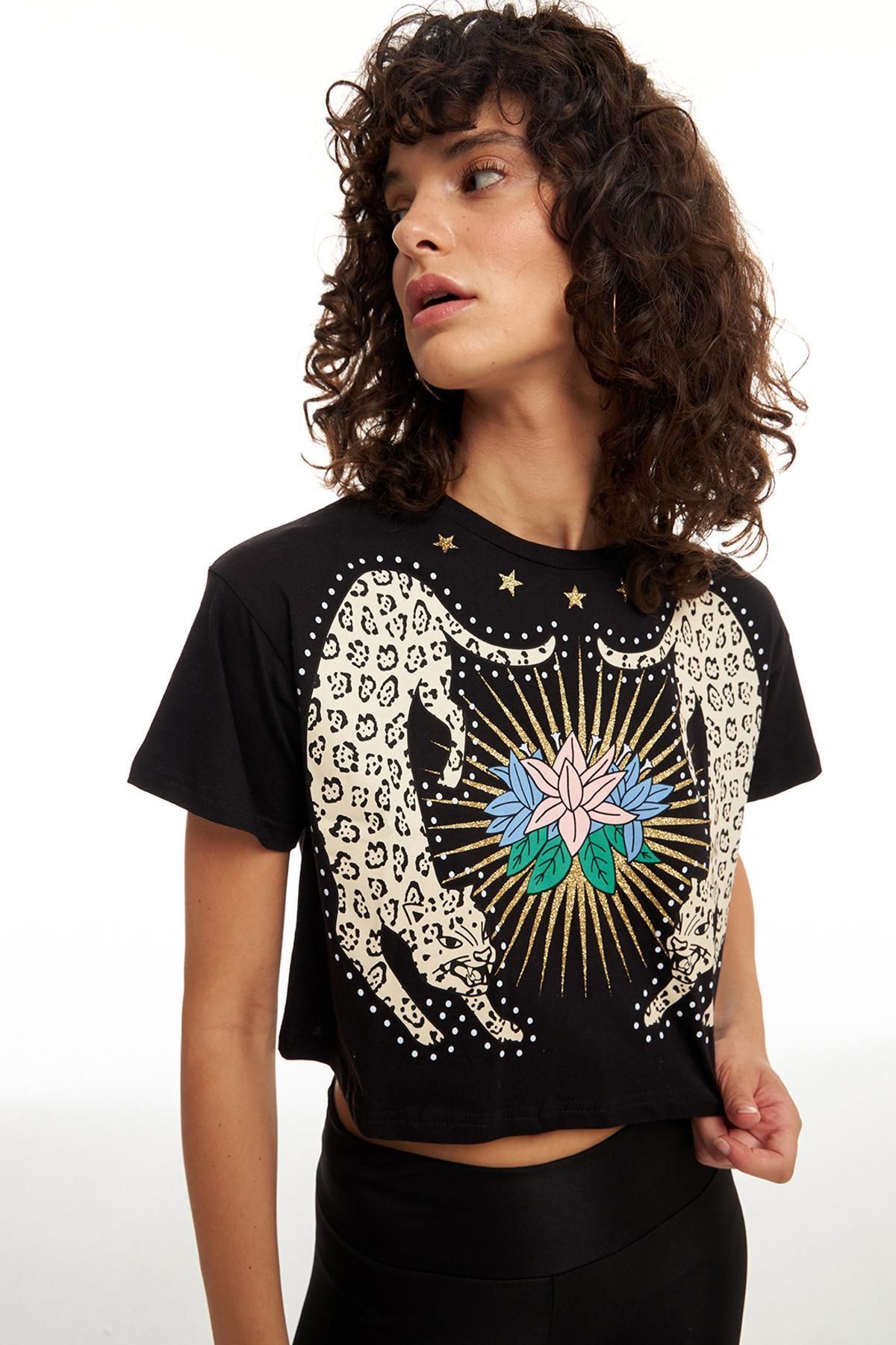 Quzu-Tricou imprimat strălucitor negru 3