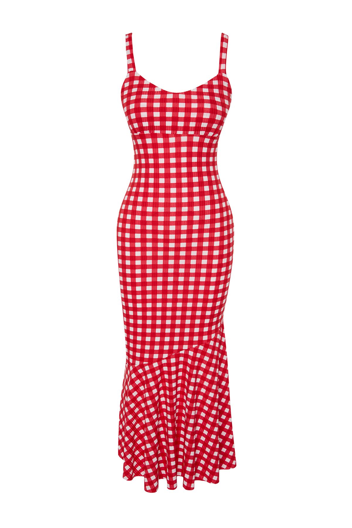 Trendyol Collection-Rochie roșie în carouri, cu bretele, cu nervuri, tricotată flexibilă, maxi-creion TWOSS24EL00682 7
