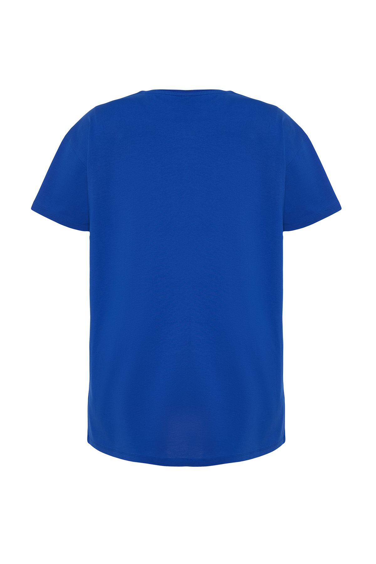 Trendyol Curve-Modré tričkové šaty větší velikosti – 100% bavlna, výstřih s výstřihem, Slogan Print, Tbbss23Ah00162 8