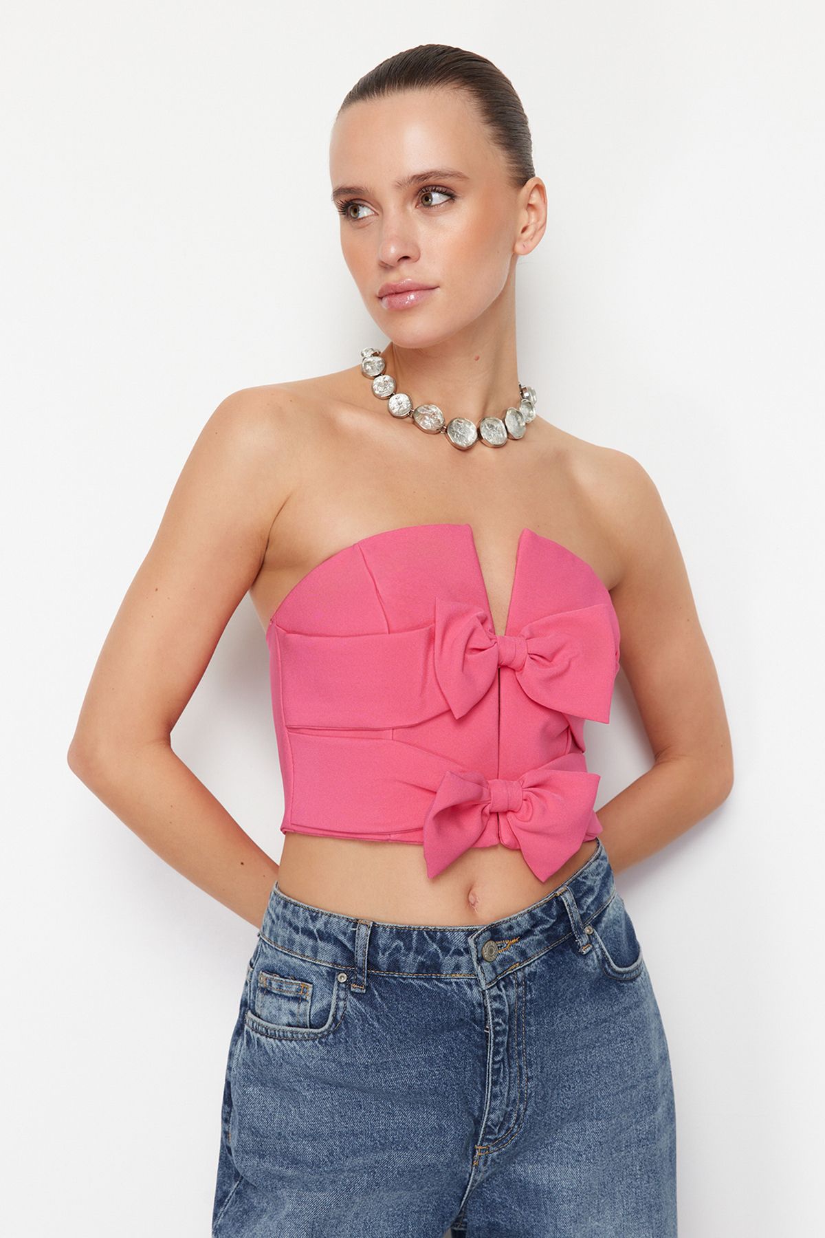 Trendyol Collection-Woven Pink Crop Bustier - Bow Detail, TPRSS24BS00035 3