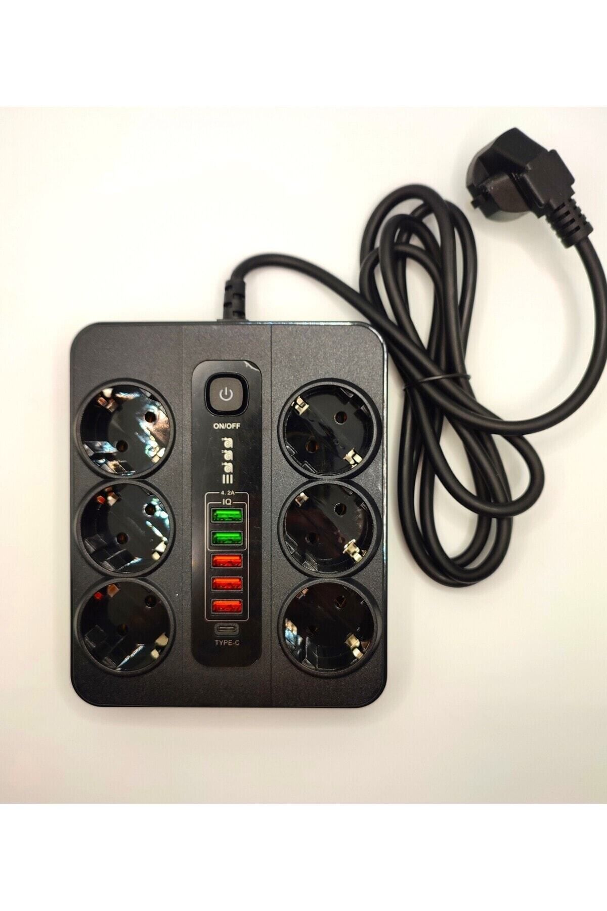 Yellowtech-6-Piece Group Socket with Current Protection, 5-Piece Usb Charger, 1 Type-c Charging Input, 2 M Cable, 3000w (BLACK) 1
