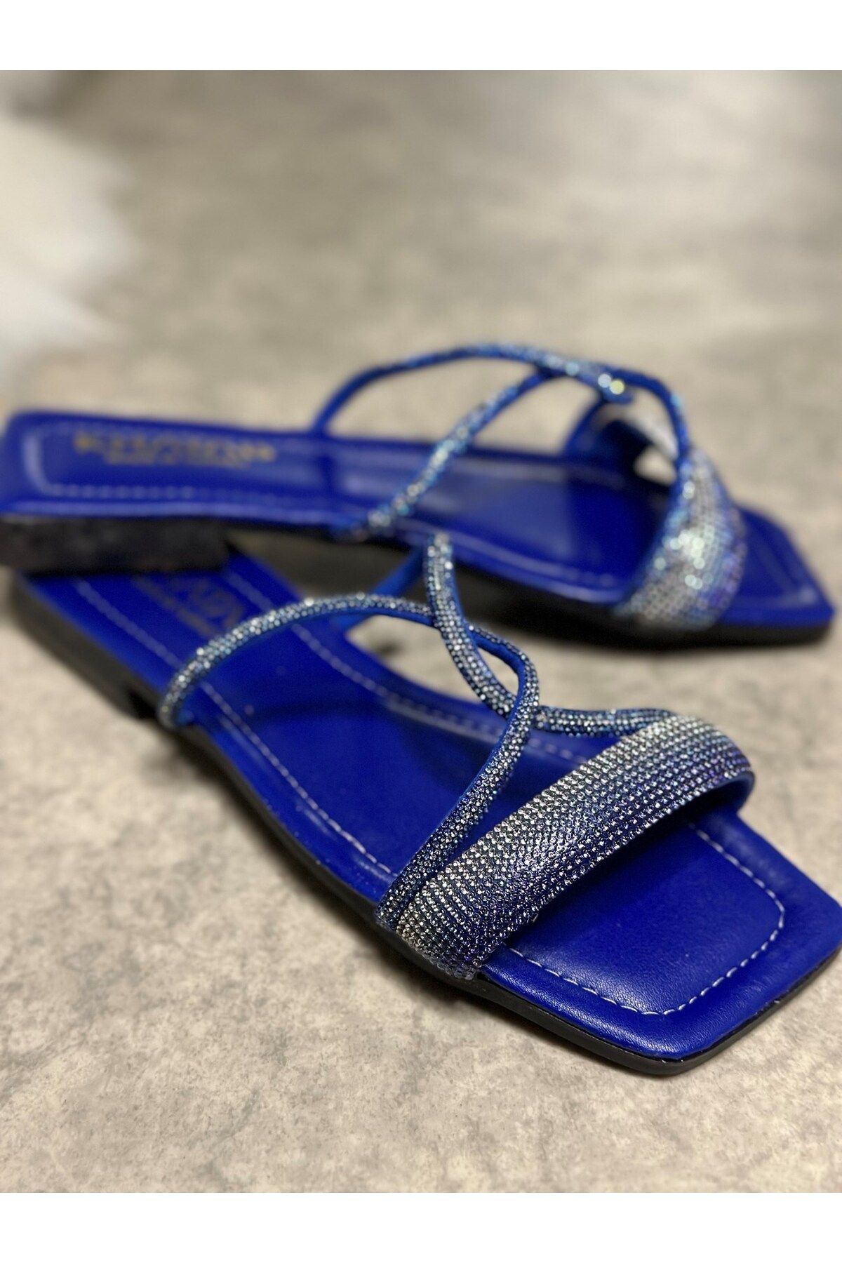 Allyup-Daily Women's Blue Slippers Cross Stoned Single Band Blunt Toe Low Heel Sole Summer 19 6