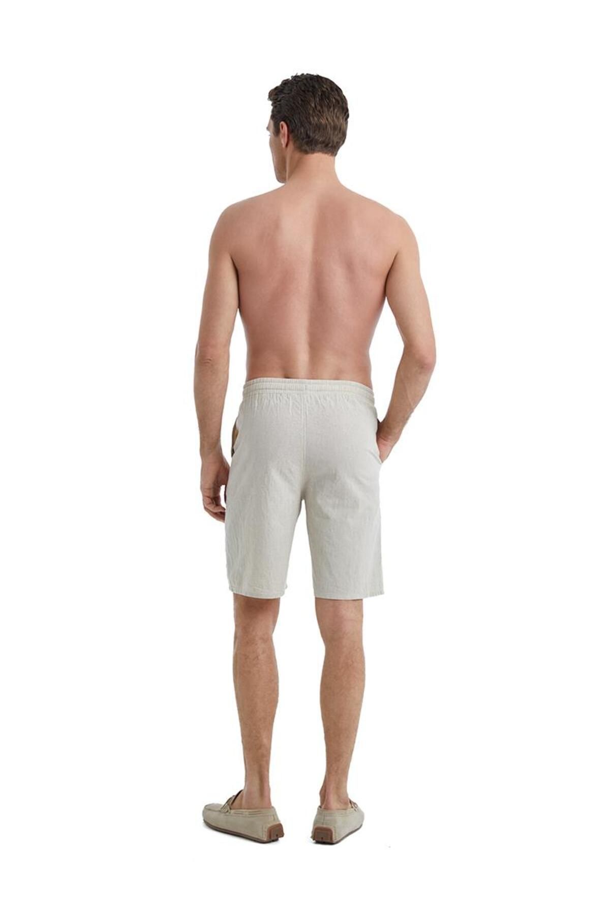 Blackspade-Men's Short Sleeve Front Buttoned Linen Cream Shorts Set C6T5N4O04- 4