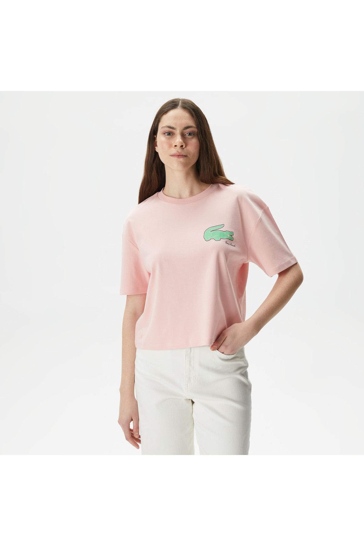 Lacoste یقه دوچرخه تناسب زنان چاپ شده تی شرت صورتی پنبه ارگانیک