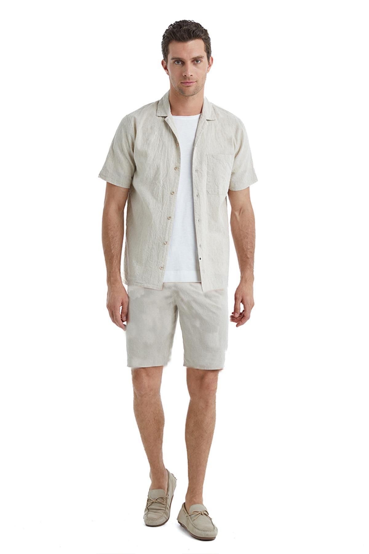 Blackspade-Men's Short Sleeve Front Buttoned Linen Cream Shorts Set C6T5N4O04- 1