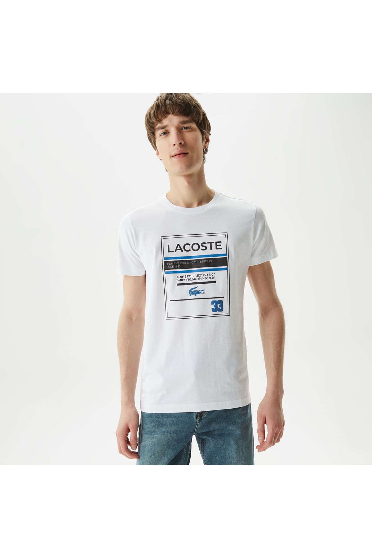Lacoste یقه دوچرخه باریک مردانه چاپ شده تی شرت مشکی