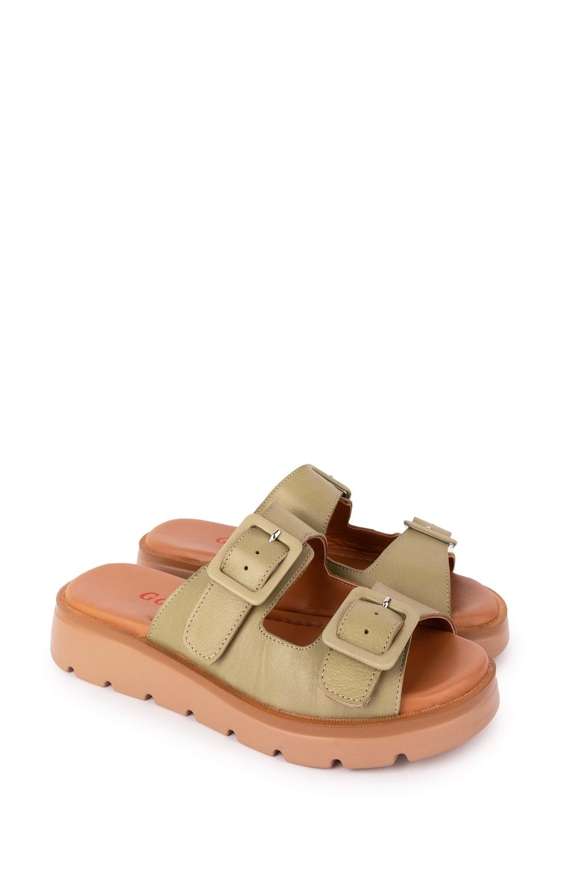 دمپایی سبز زنانه چرمی اصلی چرم دوتایی Toplik Slipper Mlk.002 Gondol